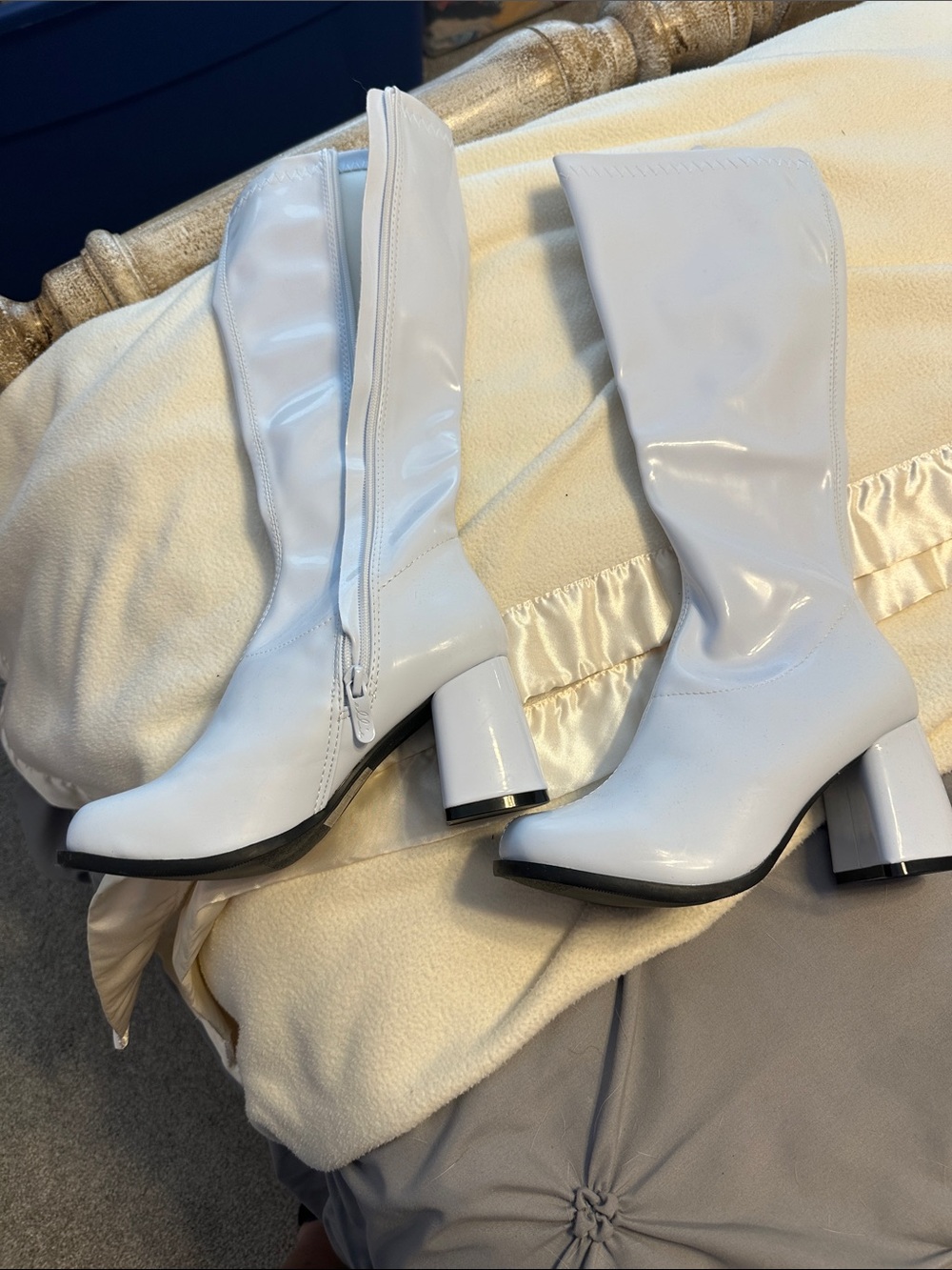 White Patent Mid-Calf Block Heel Boots - Women